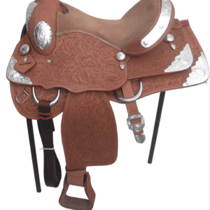 Designer Brown Leather Barrel Saddle – Western Elegance with Silver Fittings