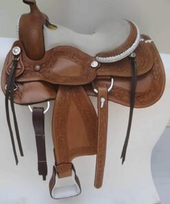 Western Brown Leather Designer carved Barrel racing Saddle with White Suad Seat