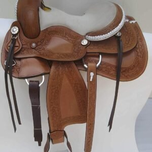 Western Brown Leather Designer carved Barrel racing Saddle with White Suad Seat