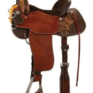 Team Camarillo All Around Western Saddle with vintage tooling and chocolate suede seat