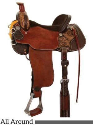 Team Camarillo All Around Western Saddle with vintage tooling and chocolate suede seat