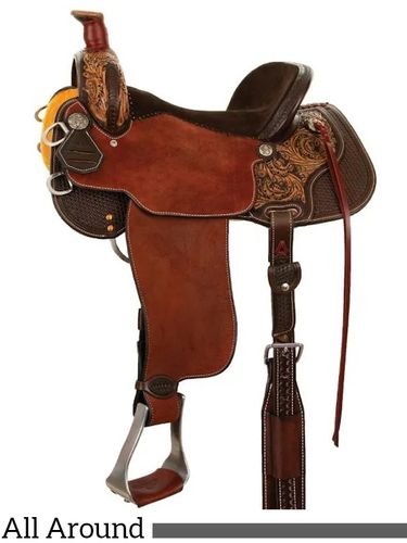 Team Camarillo All Around Western Saddle with vintage tooling and chocolate suede seat